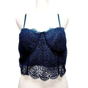 Iris Navy Blue Crochet Lace Crop Top  Adjustable Straps Scalloped Hem Size L